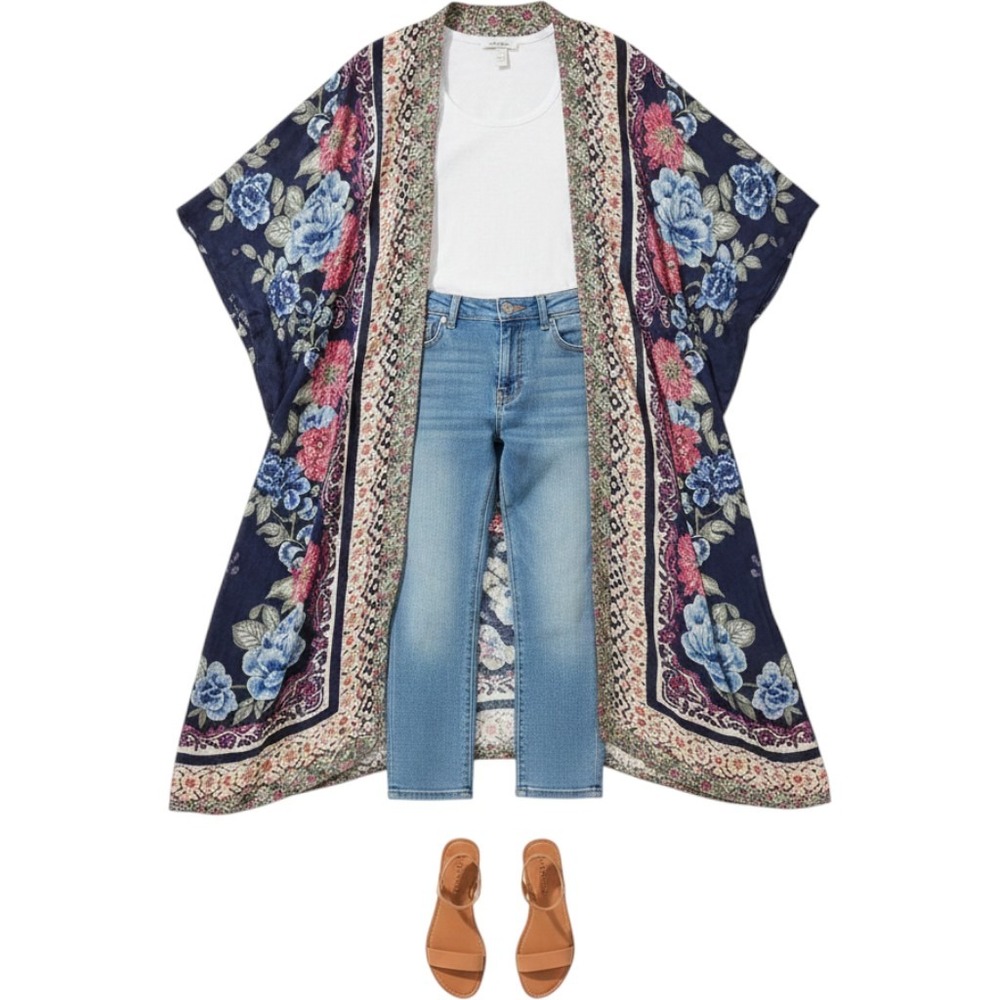 Angie Womens M Floral Kimono Wrap Navy Blue Pink Mixed Print Rayon Cardigan